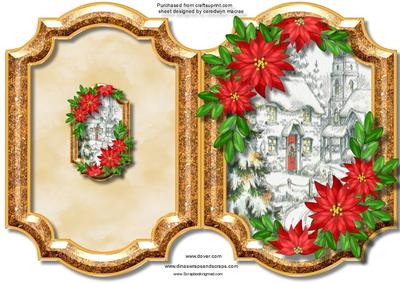 Print, Cut ,and Fold Christmas Scene with Red Poinsettias 