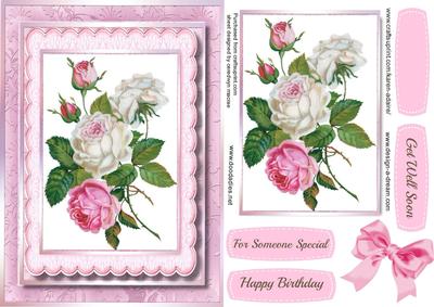 Beautiful Roses in a Pink Scdalloped Frame .
