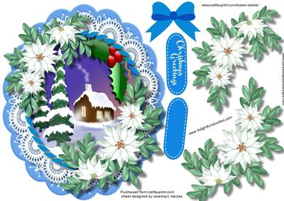 Beautiful White Poinsettias on a Blue Scalloped Frame 