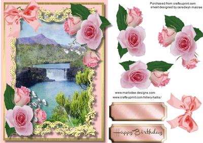 Beautiful Waterfall and Pink Roses 