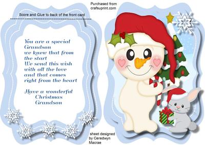Tent Card , Grandson Cute Snowman with Rabbit 