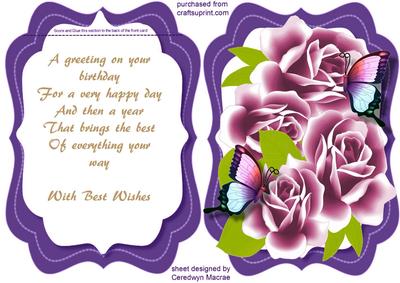 Tent Card with Verse Lilac Roses and Butterflies