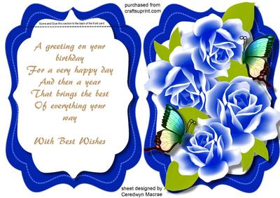Tent Card with Verses Blue Roses and Butterrflies