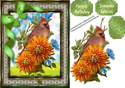 Beautiful Female Cardinal with Chrysanthamums 