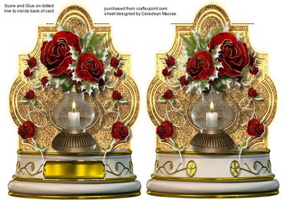 Lovely Shaped Tent Card with Golden Lantern and Roses