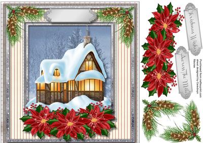 Beautiful Christmas Cottage and Poinsettias, 