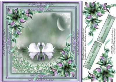 Beautiful Swans in a Lilac and Green Frame 