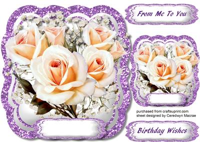 Beautiful Cream Roses on a Lilac Glitter Frame 