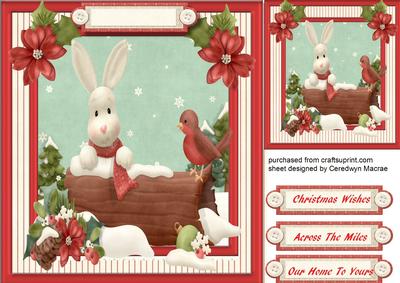 Lovely White Rabbit with Robin on a Log 
