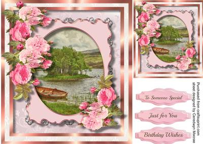 Beautiful Lake Scene and Pink Roses 