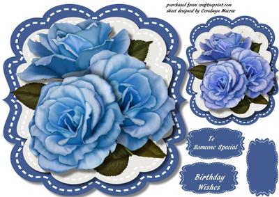 Lovely Blue Roses on a Stitched Mat 