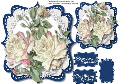 Beautiful Cream Roses on Navy and Cream Mat 