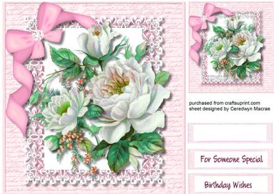 Roses on Cut Out Lace and Pink Script Frame 