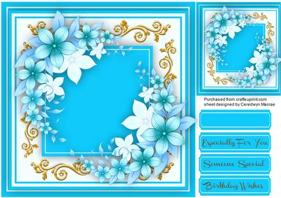 Beautiful Blue Flowers on Gold Scrolls 