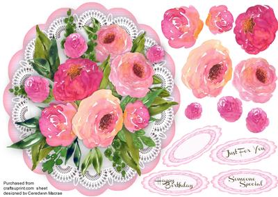 Beautiful Peonie Roses on a Scalloped Mat 