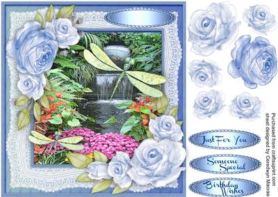 Beautiful Green Dragonflies and Blue Roses 