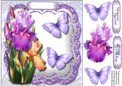 Lovely Irises on a Glittered Mat with Butterfly's