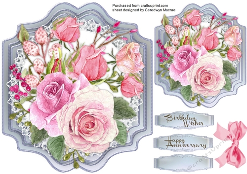 A lovely Shaped card with Pink roses and Lace 