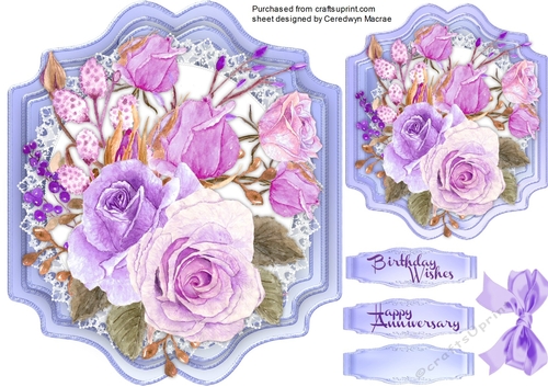 A lovely Shaped card with lilac roses and Lace 