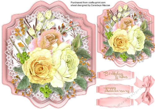 A lovely shaped Card with mixed roses on lace 