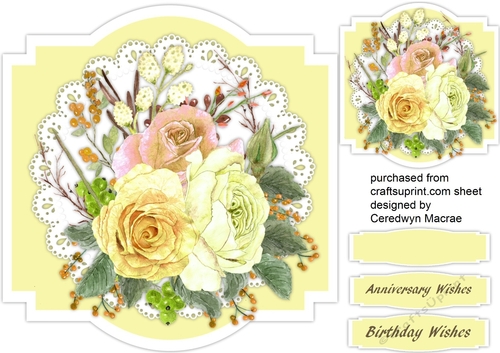 Shaped card with Yellow roses on lace 2