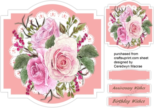 Shaped card with pink roses on lace 1