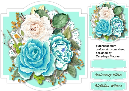 Shaped card with Aqua roses on lace  3