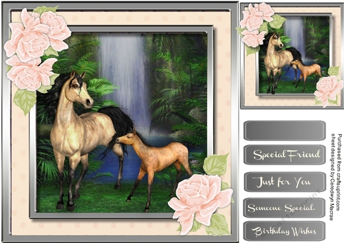 Beautiful Mother and Foal at the Waterfall, 