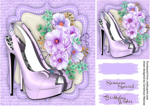 Beautiful Shoes and Roses on a lilac script Mat ,2