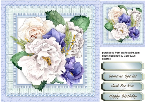 Lovely Roses and Blue Flowers on Lace 