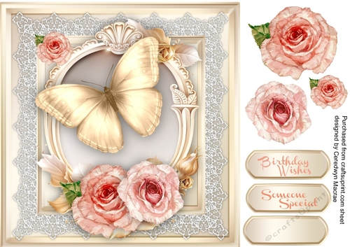 Beautiful Gold Butterfly and Roses 