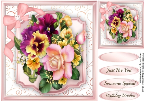 Beautiful Pansys and rose on a Ornate Mat