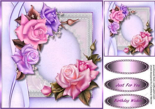 Beautiful Pink and Lilac Roses on lace 