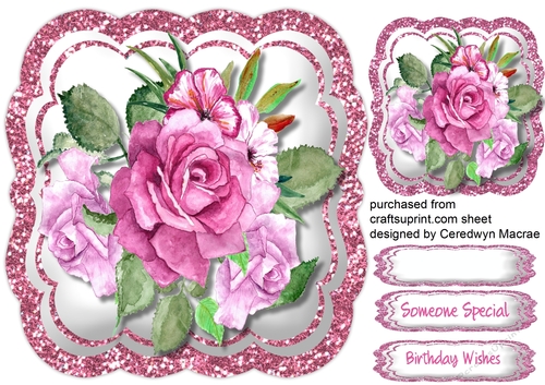 Beautiful Cerise  Roses on a Glittered Mat 