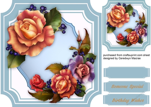Beautiful Roses on Blue  Cut-out- Mat