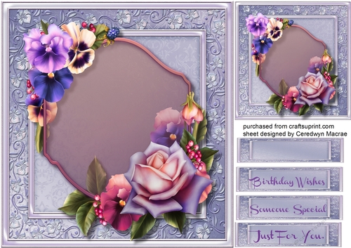 Beautiful Pansys and Roses on a Ornate Mat 