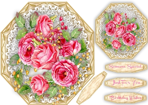 Beautiful Gold Octagonal with Pink roses on lace 