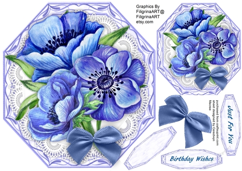 Stunning Blue Anemonies on lace 