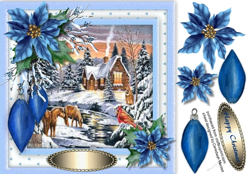 Blue Poinsettia and Christmas Scene