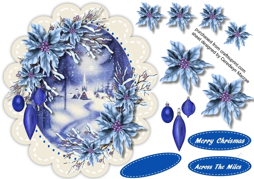 Oval Scene with  Blue Poinsettias  3