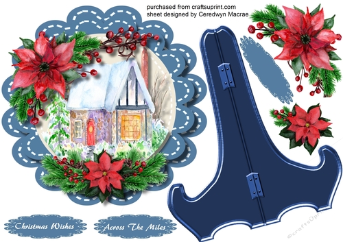 Plate and Stand Christmas Cottage and Poinsettias 