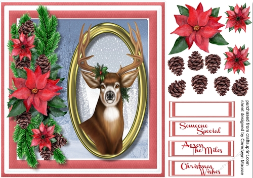 Beautiful Stag in Oval Frame With Poinsettias 