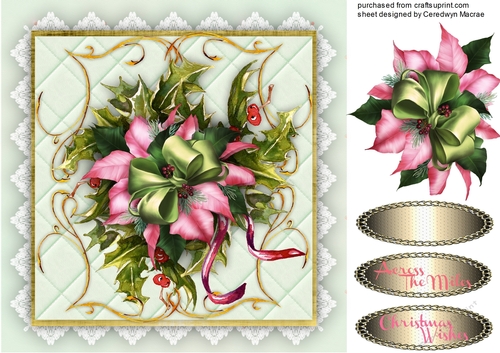Beautiful Water coloured Holly and Pink Poinsettia 