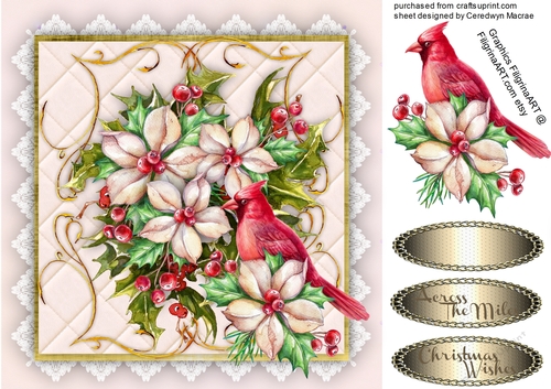 Beautiful Cardinal with Holly and Christmas Roses 