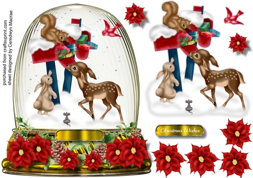 Snow Globe,  Animal Christmas Scene with Poinsettias 