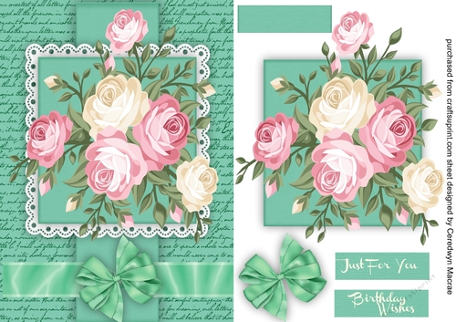 Beautiful Pink roses on a Green script Mat  