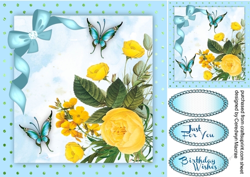 Yellow  Roses and Aqua Butterflys 