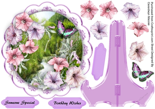 Beautiful Plate and Stand with petunias and Butterfly