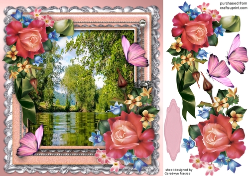 Beautiful Roses and lake scene with Butterflys 