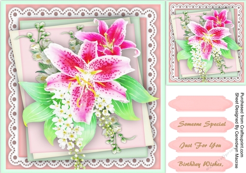 8x8  Beautiful Jasmine And Lillys on a Lace Mat 